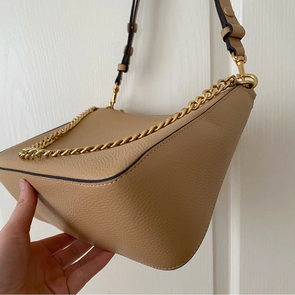 $400 NWT Tory Burch Perry Brown Tan Pebble Leather Gold Chain Strap Shoulder Bag